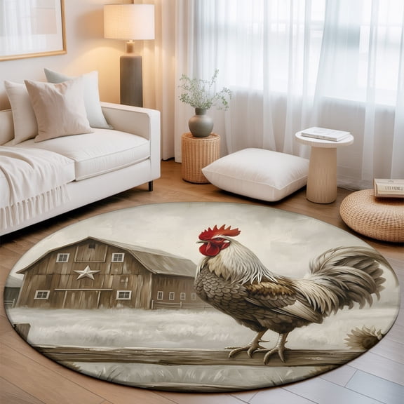 Gray Rustic Rooster Washable Round Area Rug 3 ft, Brown Barn Farmhouse Animal Country Farm Soft Non Slip Rugs Stain Repellent Indoor Felt Carpet for Living Dining Room Bedroom Home Office