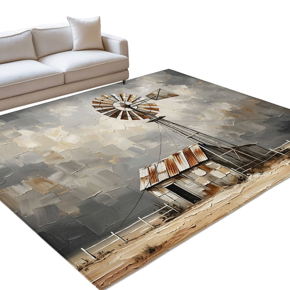 Gray Rustic Windmill Area Rugs 6x9ft Farmhouse Country Barn Oil Painting Floor Rug&nbsp;Non Slip Low Pile Ultra Soft Throw Carpet for Entryway Indoor Entrance Kitchen Bathroom