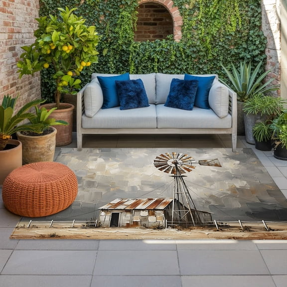 Gray Rustic Windmill Indoor Outdoor Rugs 4x6 Ft, Farmhouse Country Barn Oil Painting Outdoor Patio Rugs Mat Washable Outside Area Rugs Carpet for Porch Deck RV Camping Pool Balcony Backyard