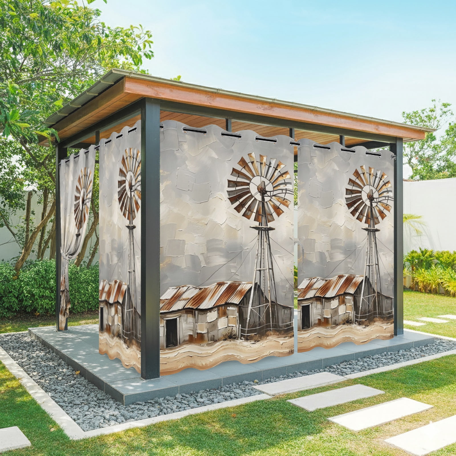 Gray Rustic Windmill Outdoor Curtains for Patio, Farmhouse Country Barn Oil Painting Sunshade Privacy Drapes Grommet Waterproof Outside Curtains for Porch/Cabana/Balcony 54"x 84", 2 Panel