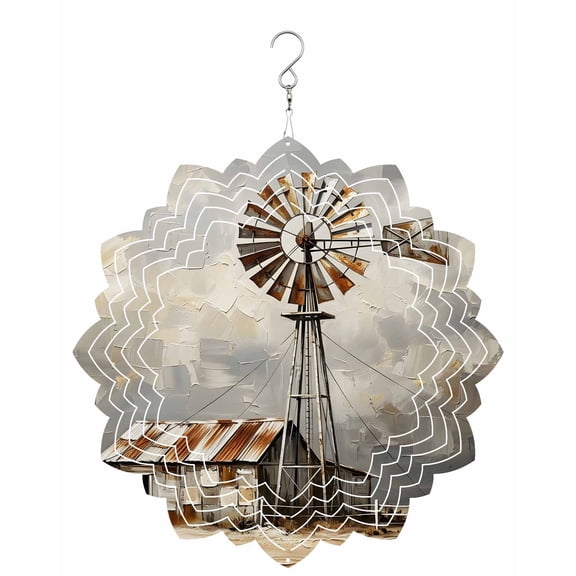 Gray Rustic Windmill Wind Spinner for Garden Yard 8In, Farmhouse Country Barn Oil Painting 3D Stainless Steel Kinetic Hanging Wind Spinners Rustproof Outdoor Decor for Lawn Patio Home