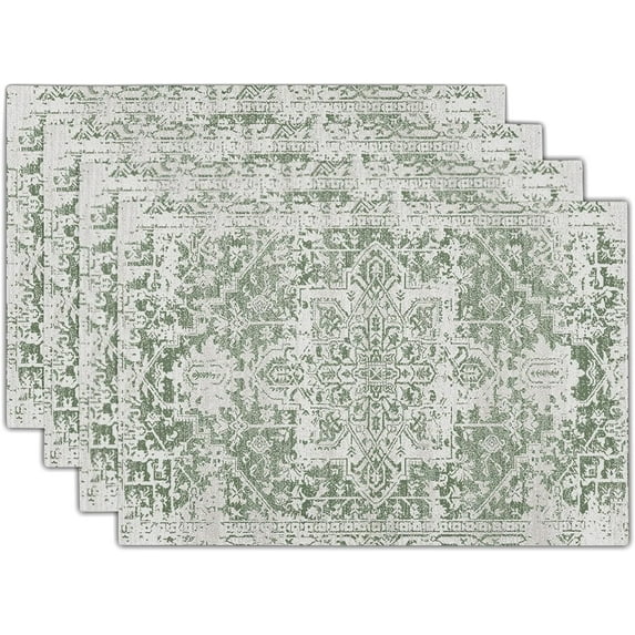 Gray Sage Green Boho Placemats Set of 4 Ethnic Bohemian Carpet Place Mats Washable Kitchen Dining Vintage Grey Geography Floral Linen Table Mats Stain Heat-Resistant for Home Party Indoor 12x18 in