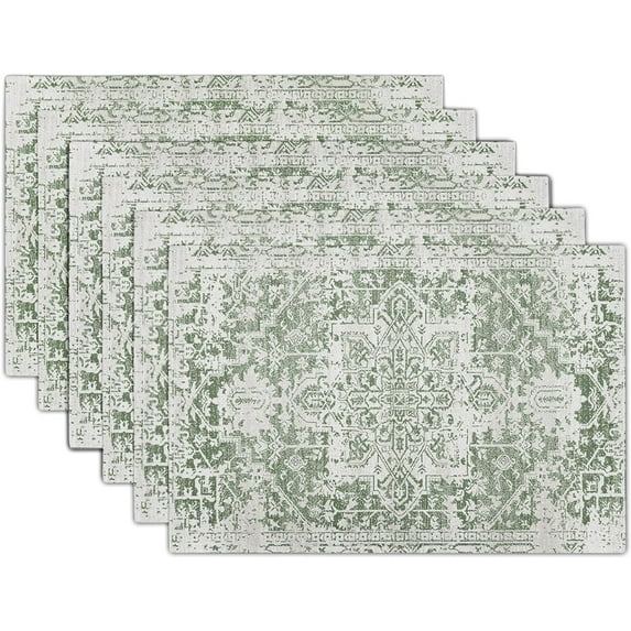 Gray Sage Green Boho Placemats Set of 6 Ethnic Bohemian Carpet Place Mats Washable Kitchen Dining Vintage Grey Geography Floral Linen Table Mats Stain Heat-Resistant for Home Party Indoor 12x18 in