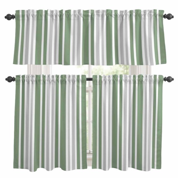 Gray Sage Kitchen Curtains Valances and Tiers Set of 3 Green Stripe Minimalist Vertical Stripes Modern Art Tier Curtains and Valance with Rod Pocket for Small Windows, 27.5"x24"