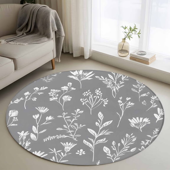 Gray Sage Leaves 4FT Round Area Rugs for Living Room Boho Floral Leaf Ultra-Thin Non-Slip Round Rugs Machine Washable Low Pile Circle Carpet for Bedroom Kitchen Nursery
