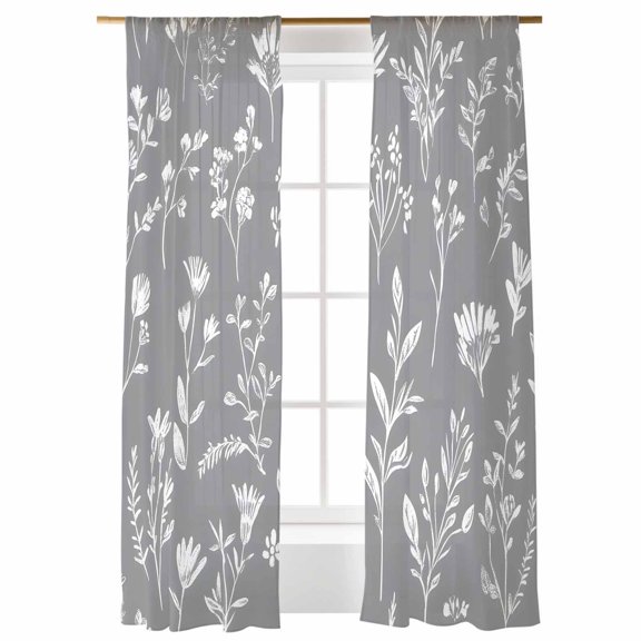 Gray Sage Leaves Sheer Curtains 108 inches Long 2 Panels Set Boho Floral Leaf Sheer Window Curtain Rod Pocket Voile Drapes for Living Room/Bedroom, Each 52" W x 108" L