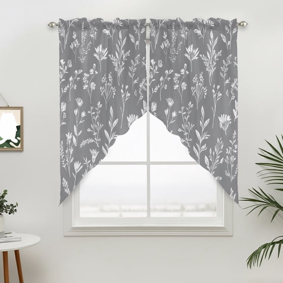 Gray Sage Leaves Swag Curtain Valance for Windows, Boho Floral Leaf Window Treatments Short Swag Topper for Kitchen Windows Bathroom Bedroom, 36"x36"