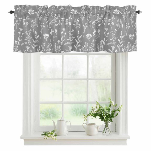 Gray Sage Leaves Valances for Windows, Boho Floral Leaf Valance Rod Pocket Window Treatments Curtains for Kitchen Small Windows Living Room Bedroom Bathroom 42"x12"