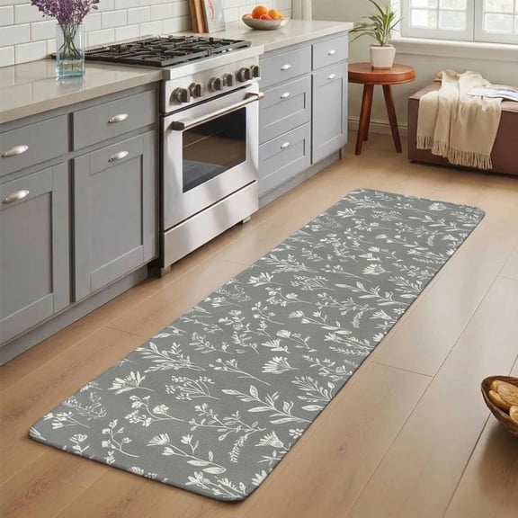 Gray Sage Leaves Washable Runner Rug 3X7 ft Boho Floral Leaf Non-Slip Hallway Runner Rug, Linen Kitchen Runner Mats, Indoor Floor Carpet for Entryway Bathroom Bedroom Living Room