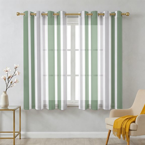 Gray Sage Sheer Curtains 39 Inch Long 2 Panels, Green Stripe Minimalist Vertical Stripes Modern Art Light Filtering Semi Sheer Drapes Grommet Voile Window Curtain for Living Bedroom W27.9 x L39