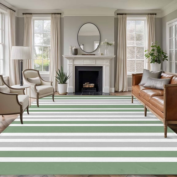 Gray Sage Washable Living Room Rugs 6'x9', Green Stripe Minimalist Vertical Stripes Modern Art Low Pile Throw Large Area Rug Non-Slip Sturdy Edge Binding Carpet for Dining Room Kitchen Office