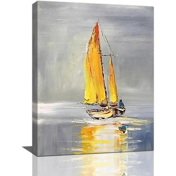 Gray Sailboat Lake Decor Wall Art Sunset Golden Picture Canvas Painting Framed Artwork for Living Room Bathroom Bedroom 12''x16''