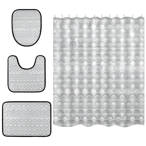 Gray Scallop Pattern Design 4 Piece Bathroom Set Waterproof Bath Curtain Anti-Slip Mats and Toilet Pad Practical and Affordable 66x72in Curtain