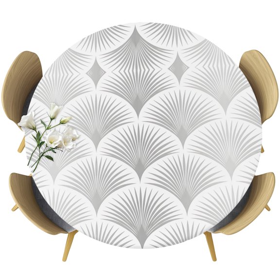 Gray Scalloped Scales Round Tablecloth 36-44 Inch Round Fitted Table Cloth with Elastic Edge, Mid-Century Modern Geometric Waterproof Table Cover Protector for Outdoor Picnic Party Dining