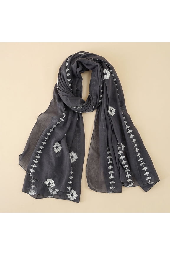 Gray Scarf Women Fashion Thin Plain Embroidered Cotton and Linen Long Scarf
