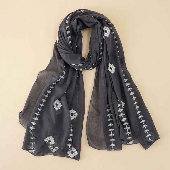 Gray Scarf Women Fashion Thin Plain Embroidered Cotton and Linen Long Scarf