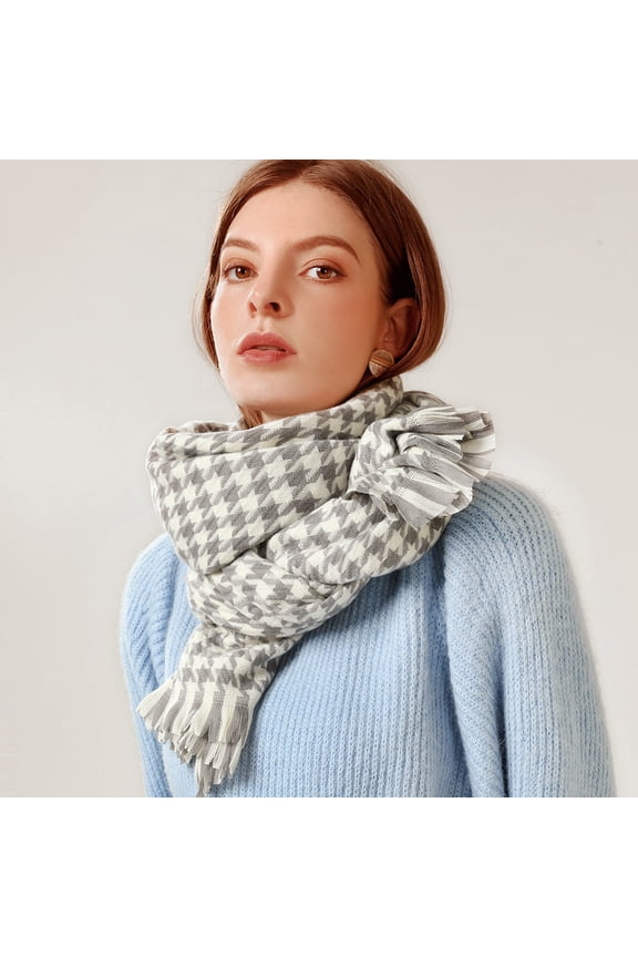 Gray Scarf Women's Fashion Winter Warm Soft Casual Tassel Houndstooth Printing Muffler