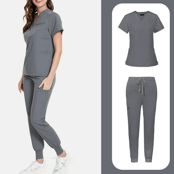 Gray Scrubs For Woman,Womens Scrub Sets with Mandarin Collar,Unisex Jumpsuit Workwear,Medical Uniform for Doctors, Nurses, Beauty Salons - Gray - L