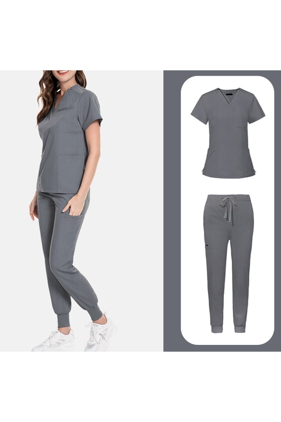 Gray Scrubs For Woman,Womens Scrub Sets with Mandarin Collar,Unisex Jumpsuit Workwear,Medical Uniform for Doctors, Nurses, Beauty Salons - Gray - L