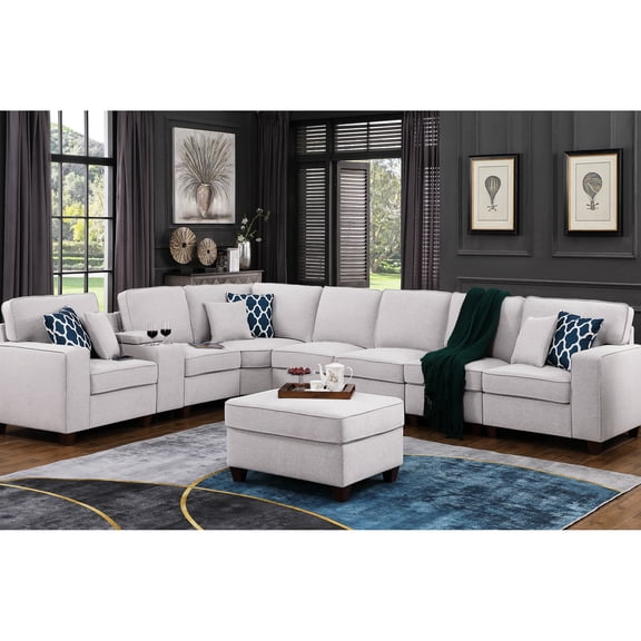 Gray Sectional With - 6 Pillows, Charging Console, Removable Back Cushions For Hassle- Hygiene And Cleaning & Pillows Detachable Linen Fabric, Foam Filler