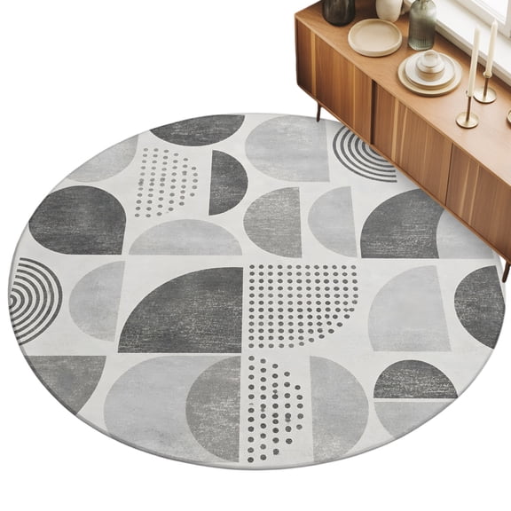 Gray Semicircles Area Rug, Boho Art Modern Gray Slate Geometrics Dots Non-Slip Felt Rubber Backing Round Indoor Carpet Washable Rugs for Living Room Bedroom 3ft