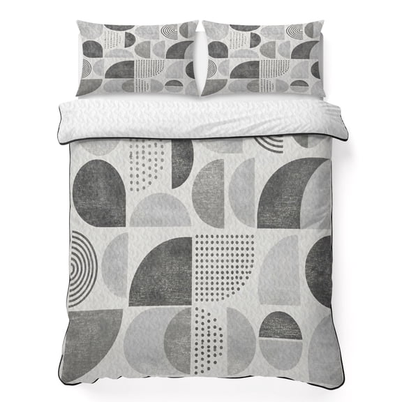 Gray Semicircles Full Quilt Bedding Set, Boho Art Modern Gray Slate Geometrics Dots Lightweight Comforter with 2 Pillow Shams Bedroom Bedspread Set Home Decor for All Seasons