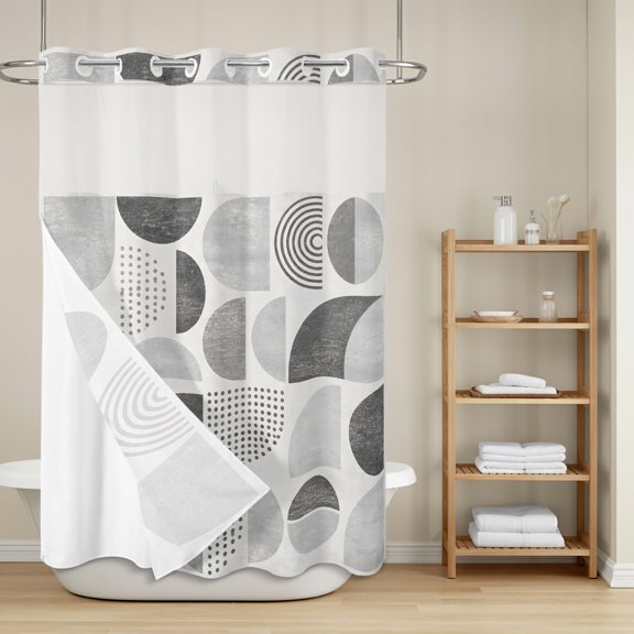 Gray Semicircles No Hook Shower Curtain with Snap in Liner, Boho Art Modern Gray Slate Geometrics Dots Waterproof Shower Curtains with See Through Top Window Liner for Bathroom, 72x84 Inches