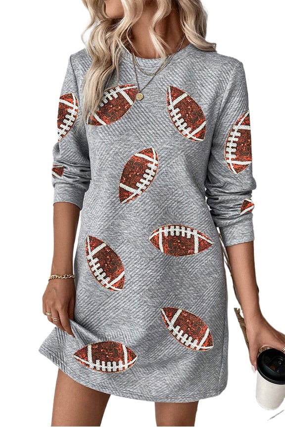 Gray Sequin Rugby Football Graphic Textured Long Sleeve Mini Dress
