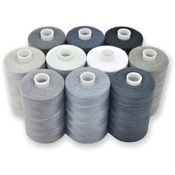 Gray Sewing Threads - 10 Large Spools of Polyester Thread for Hand, Quilting & Sewing Machine - Grey Shades Plus Black & White - 1000 Yards Per Spool