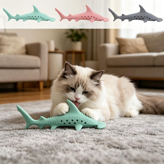 Gray Shark Shaped Silicone Cat Chew Toy with Catnip Storage Compartment & Vent Holes, Soft Flexible Textured Teething Play Toy for Indoor Kittens & Adult Cats Daily Gnaw Play
