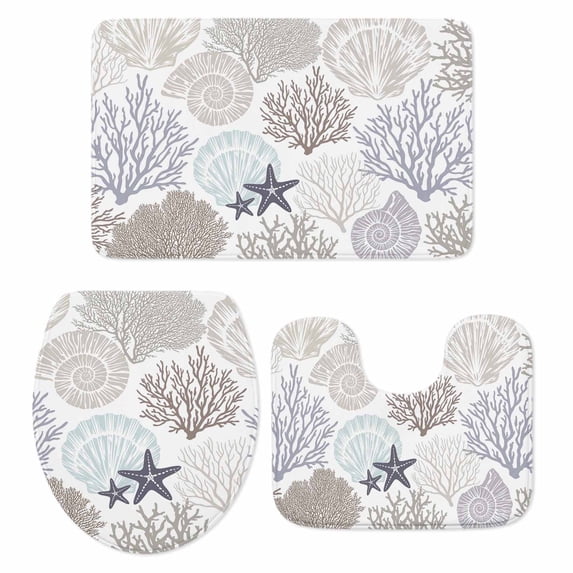 Gray Shell Coral Bath Mat 3 Piece Bathroom Rug Set, Coastal Summer Beach Nautical Ocean Non Slip Bath Rug Contour Mat and Toilet Lid Cover, Absorbent Shower Mats Soft Bath Rugs and Mats Sets
