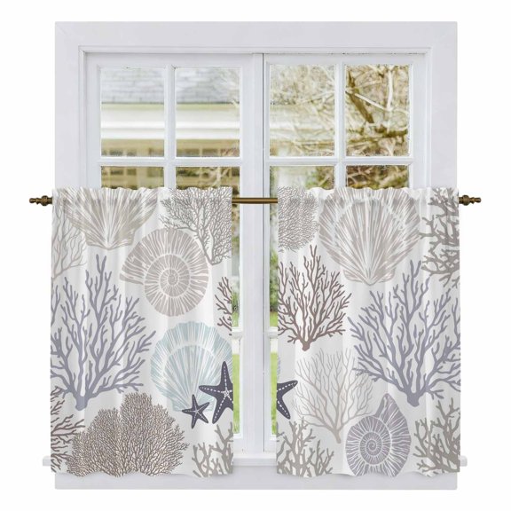 Gray Shell Coral Kitchen Curtains, Coastal Summer Beach Nautical Ocean Light Filtering Window Curtain Panels, 2Pcs Rod Pocket Window Treatments Set for RV Dining Room Study Room 42x45 Inches