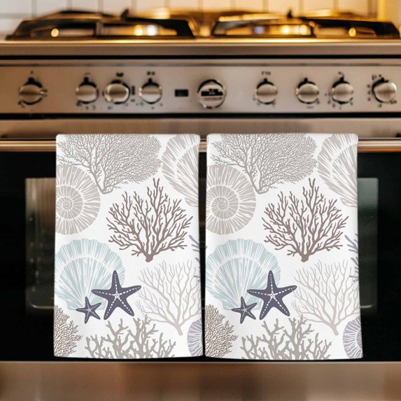 Gray Shell Coral Kitchen Towels Set of 3, Coastal Summer Beach Nautical Ocean Absorbent Dish Towels for Kitchen, Microfiber Hand Towel, Quick Drying Tea Towel for Cleaning Decorative Dishcloths