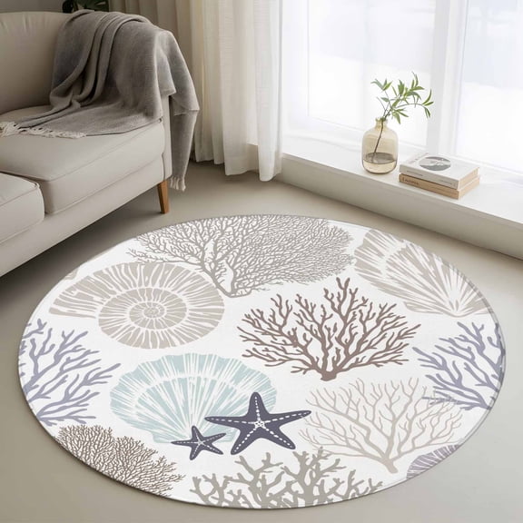 Gray Shell Coral Round Area Rug 4 FT, Non Slip Indoor Outdoor Rug, Coastal Summer Beach Nautical Ocean Washable Soft Circular Carpet Non-Shedding Floor Mat for Coffee Table Nursery Foyer Balcony