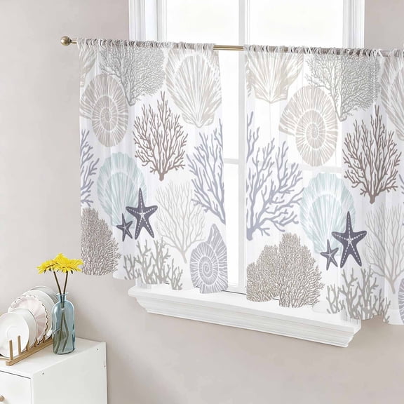 Gray Shell Coral Semi Sheer Curtains 45 Inch Length 2 Panels Set, Coastal Summer Beach Nautical Ocean Sheer Kitchen Curtain Privacy Voile Window Curtain for Living Room Bedroom Rod Pocket Drapes
