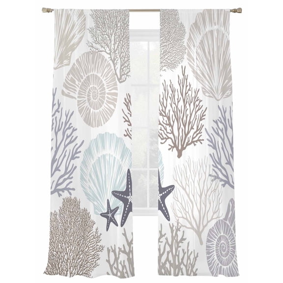 Gray Shell Coral Sheer Curtains 108 Inch Length 2 Panels Set, Semi Transparent Voile Rod Pocket Curtains for Living Dining Room Bedroom Drapes Coastal Summer Beach Nautical Ocean