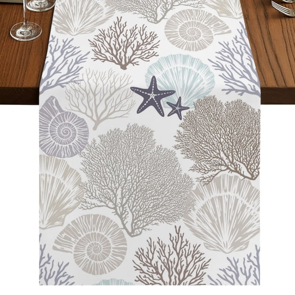 Gray Shell Coral Short Table Runner 36 Inches Long,Coastal Summer Beach Nautical Ocean Cotton Linen Table Runners Dresser Scarves,Fabric Tabletop Scarf Furniture Cover for Home Dinner Party 13"x36"