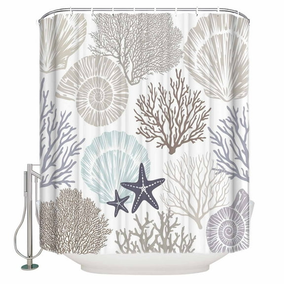 Gray Shell Coral Shower Curtains for Bathroom Waterproof Fabric Bath Curtains Decor Bath Tub Curtain Coastal Summer Beach Nautical Ocean Decorative Shower Curtain Sets with 12 Hooks, 72x72 Inch
