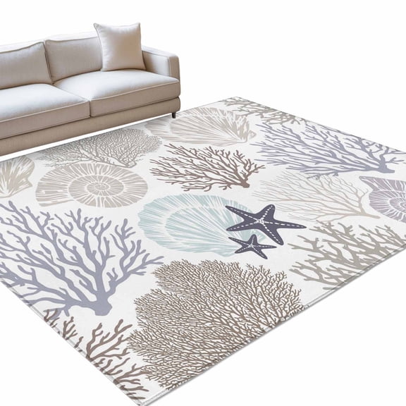 Gray Shell Coral Washable Rug 9x12 Area Rug for Living Room Bedroom Non Slip Indoor Floor Rectangle Carpet Soft Low Pile Large Coastal Summer Beach Nautical Ocean Entryway Rugs for Dining Room Office