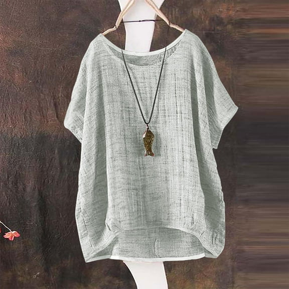 Gray Short Sleeve Shirts for Women's Summer Short Sleeve Solid Casual Loose Linen Top Fashion Clothing