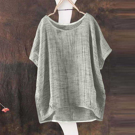 Gray Short Sleeve Shirts for Women's Summer Short Sleeve Solid Casual Loose Linen Top Fashion Clothing