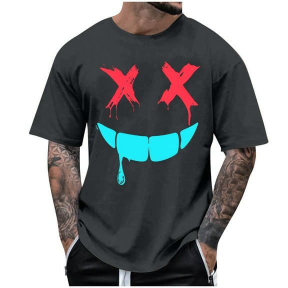 Gray Short Sleeve T Shirt for Man Summer Fall Crew Neck Spandex Skull Graphic Loose Fit Halloween Casual Tops Shirt Mens 2025 Clothing Y2K 4XL