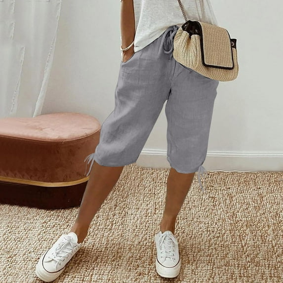 Gray Shorts for Women's Knee Length Short Pants Ladies Loose Drawstring Casual Solid Color Shorts