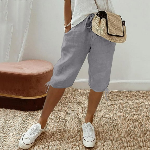 Gray Shorts for Women's Knee Length Short Pants Ladies Loose Drawstring Casual Solid Color Shorts