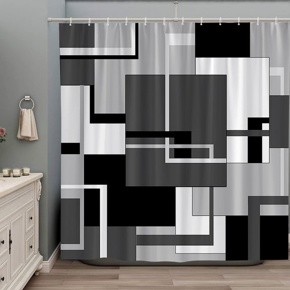 Gray Shower Curtain Black White Gray Geometric Abstract Mid Century Modern Minimalist Fashion Home Fabric Bathroom Decor Set Include Hooks 72Wx72H Inch