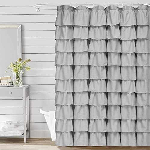Gray Shower Curtain, Ruffle Farmhouse Shower Curtain Fabric Bathroom Curtain Machine Washable, 72 x 72 inch Long