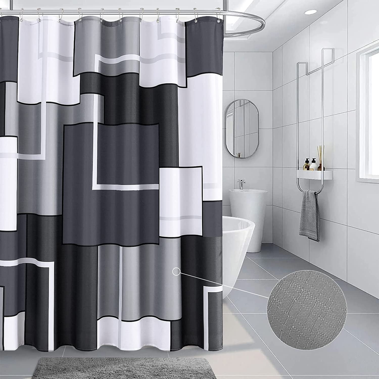 Gray Shower Curtain Set Grey Shower Curtain for Bathroom Slub Fabric Modern Gray Shower Curtain Geometric Bath Curtains Decorative Gray Shower Curtain Set with Hooks Water Repellent, 72x72, Dark Grey