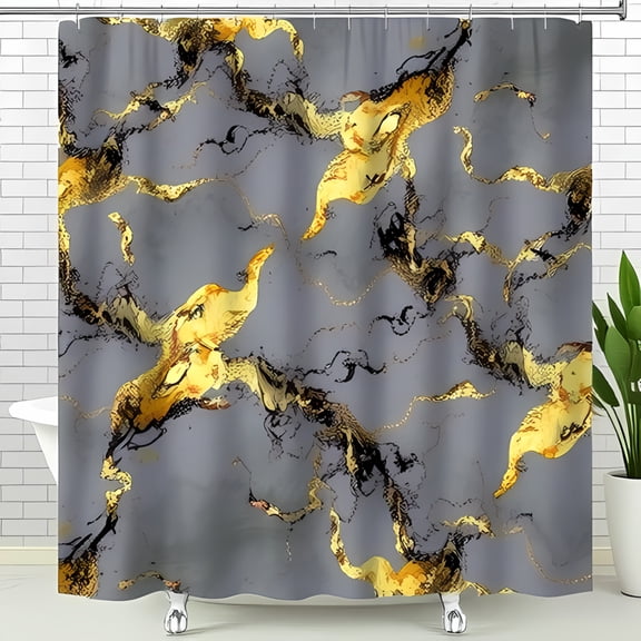 Gray Shower Curtain with Abstract Gold and Black Swirling Patterns - Luxurious Bathroom Decor