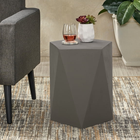 Gray Side Table Of Lightweight Concrete, Modern, Pentagon Shape, 16x16x18, No Assembly Modern Pentagonal Made 16" W X D 18" H, Assembly,