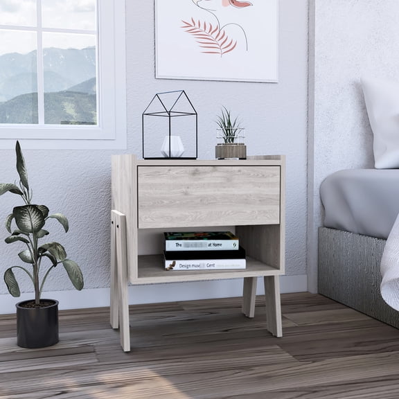 Gray Side Table With Spacious Drawer And Open Shelf For Organization Nightstand Space Optimization - &